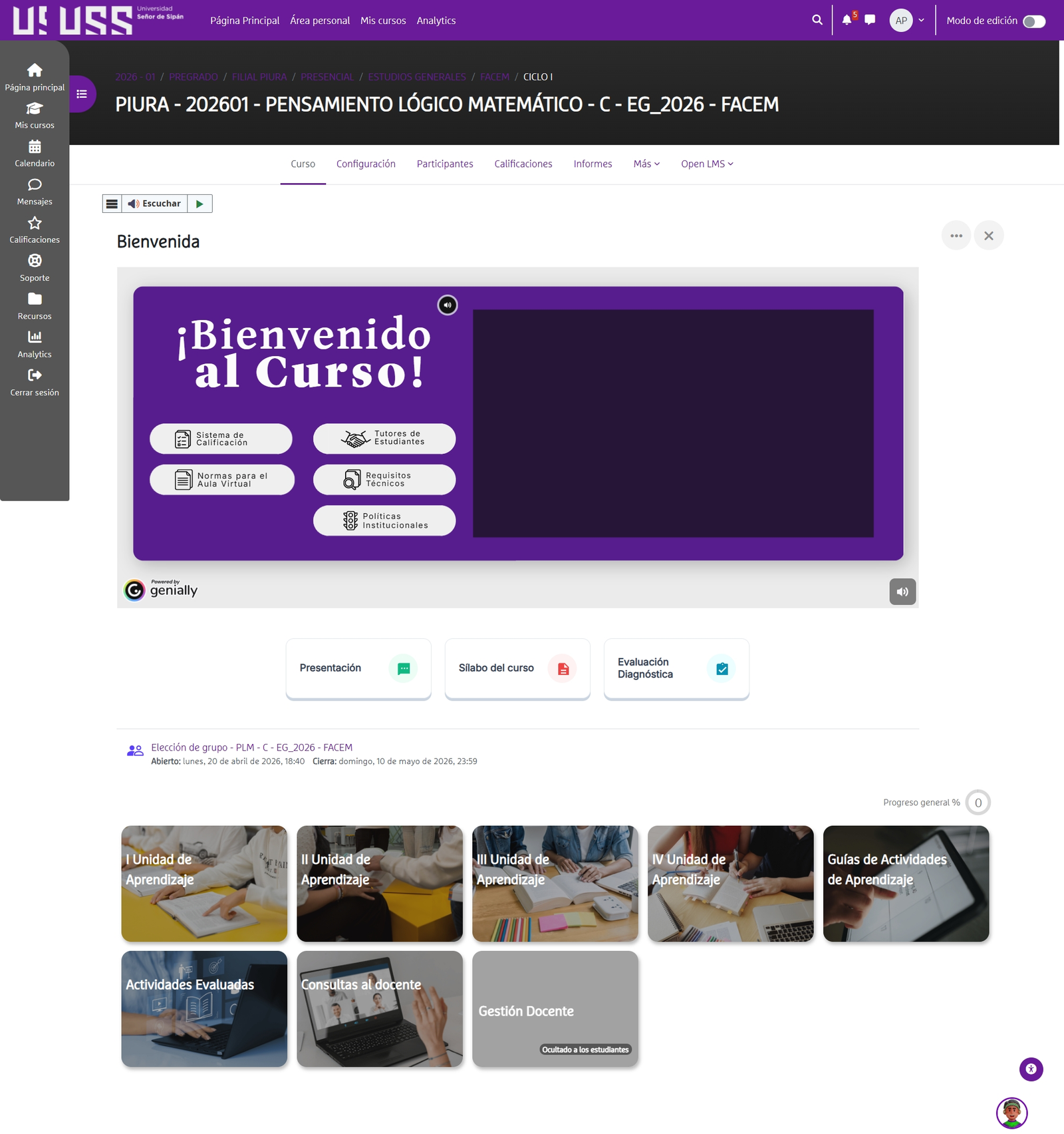 Vista del curso en Moodle USS